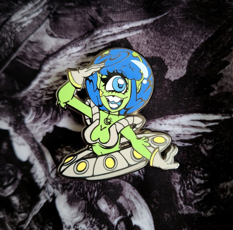 Alien enamel pin, alien girl pin, halloween pin, pin up alien lapel pin, spoopy pin, ufo pin, paranormal hard enamel pin, monster girl pin image 4