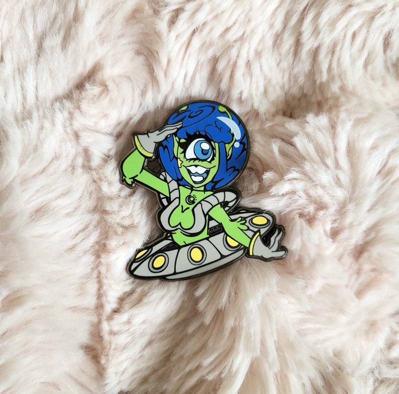 Alien enamel pin, alien girl pin, halloween pin, pin up alien lapel pin, spoopy pin, ufo pin, paranormal hard enamel pin, monster girl pin image 7