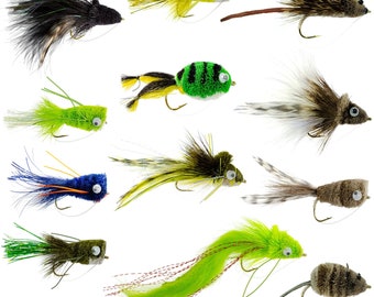 Bass Bug Collection - Set of 12 Bass Spun Deer Hair Fly Fishing Flies -  Surface Poppers, Mouse and Rat, and Divers - Hook Sizes 2,4, 6 and 8