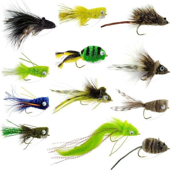 Bass Bug Collection - Set of 12 Bass Spun Deer Hair Fly Fishing Flies - Surface Poppers, Mouse and Rat, and Divers - Hook Sizes 2,4, 6 and 8