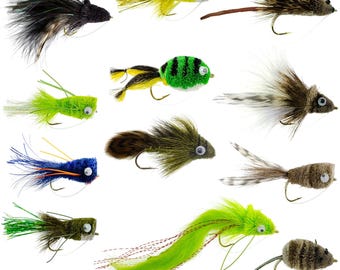 May include: A collection of twelve assorted fishing flies featuring various textures, colors, and shapes. Each fly includes a metal hook and artificial eyes, with designs incorporating feathers, synthetic fibers, and foam bodies in shades of green, blue, brown, yellow, and black.