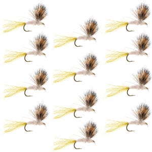 May include: A collection of twelve artificial fishing flies arranged in a grid. Each fly features a light-colored body, a long yellow tail made of synthetic fibers, and dark brown and black hackle feathers attached to a metal hook.