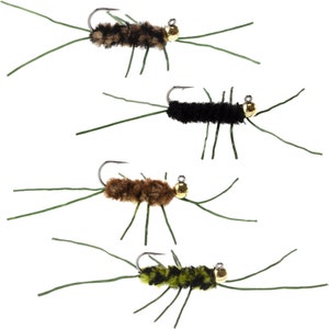 4-Pack Tungsten Bead Pats Rubber Legs Jigged Assortment Nymph Fly Fishing Flies - 4 Great Colors - Hook Size 10
