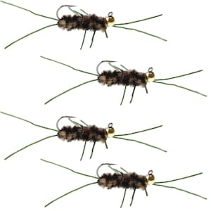 4-Pack Tungsten Bead Pats Rubber Legs Jigged  Nymph Fly Fishing Flies - Coffee Brown/Black with Olive Legs - Hook Size 10