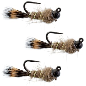 3-Pack Tactical Euro Hares Ear Jigged Tungsten Bead Head Nymph Fly - Barbless Czech Trout and Panfish Fly Fishing Flies - Hand Tied