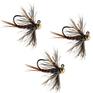 3-Pack Tactical Soft Hackle Pheasant Tail Jigged Tungsten Bead Head Nymph Fly - Barbless Czech Trout and Panfish Fly Fishing Flies