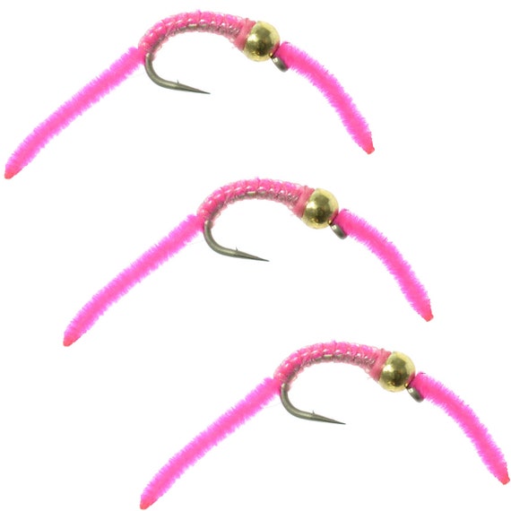 3-pack Hot Pink San Juan Worm Size 10 Beaded Nymph Trout and Panfish Fly  Fishing Flies Hand Tied Trout Flies 