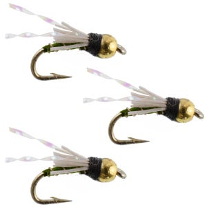 May include: Three fishing flies with gold-colored hooks, green bodies, black bands, and white feather-like accents. Each fly has iridescent, ribbon-like strands extending from the top. The flies are designed for angling.