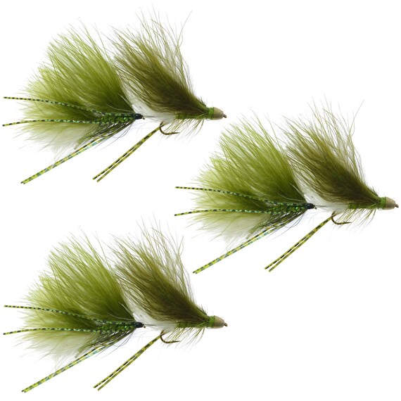 3-Pack Peanut Envy Streamer White/Olive - Articulated Trout and Bass Fly Fishing Flies - Hand Tied Flies