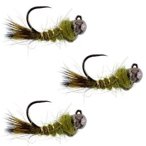 3-Pack Tactical Euro Olive Hares Ear Jigged Tungsten Bead Head Nymph Fly - Barbless Czech Trout and Panfish Fly Fishing Flies - Hand Tied