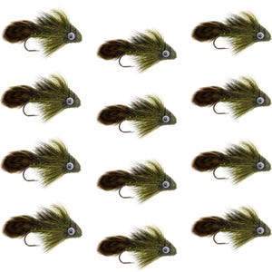 Big Eye Olive Sculpin Streamer Flies - 1 Dozen  - Hook Size 2