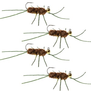 4-Pack Tungsten Bead Pats Rubber Legs Jigged  Nymph Fly Fishing Flies - Coffee Brown/Tan with Olive Legs - Hook Size 10