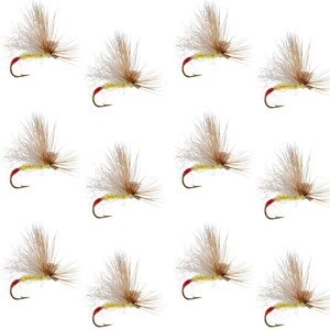 May include: A collection of twelve identical fishing flies arranged in a grid. Each fly features a sharp metal hook, a bright yellow body, a distinct red section near the eye of the hook, and light brown, wispy hackle fibers extending outward.