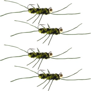 4-Pack Tungsten Bead Pats Rubber Legs Jigged  Nymph Fly Fishing Flies - Olive/Black with Olive Legs - Hook Size 10