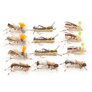 May include: A collection of twelve artificial fishing flies arranged in four rows. The flies feature various designs including brown and tan segmented bodies, orange and white tufted wings, and thin dark legs attached to metal hooks.