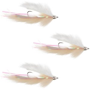 May include: Three fishing flies with white, cream, and pink accents. Each fly features a silver hook and a silver head. The flies have a fluffy white top, cream-colored body, and pink and silver streamers.