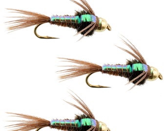 3-Pack Tungsten Bead Flash Back Pheasant Tail Bead Head Nymph Fly - Trout and Panfish Fly Fishing Flies - Hand Tied Trout Flies