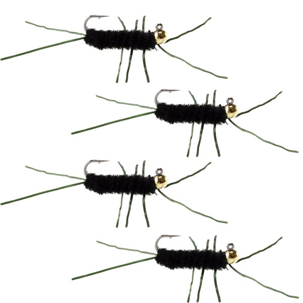 4-Pack Tungsten Bead Pats Rubber Legs Jigged Nymph Fly Fishing Flies - Black with Olive Legs - Hook Size 10