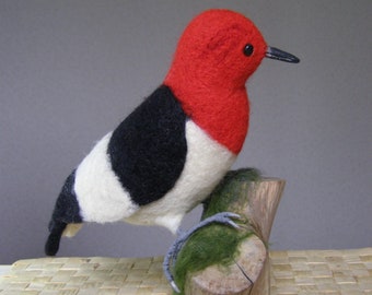 Woolen Woodpecker Felted wool birds Redhead Woodpecker Felted sculpture Realistic wool bird Birds original art Xmas bird Taxidermy birds