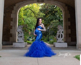 Royal Sequin TULLE DRESS Stripe Flowy Tutu/Lace Closed/Non Sheer/ Maternity Pregnancy Belly Session/Special Ocassion/Photo Prop Baby Shower