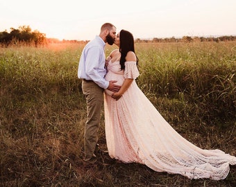 ALEXIA Bohemian Style Blush Pink Lace Gown/Lined Closed with Train/Off Shoulder Maternity Photo Prop Dress /Baby Shower Gown/XSm-Plus