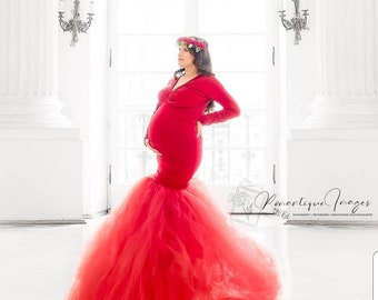 Red TULLE DRESS Stripe Flowy Tutu Soft Jersey Long Sleeves Bodice-Maternity Pregnancy-Belly Session/Special Ocassion/Photo Prop Baby Shower