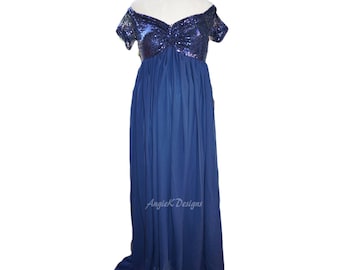 SEQUIN TOP On/Off Shoulders/Modest Lined Closed Midnight Blue Gown~Maternity Photoshoot/Baby Shower Gown/PLUS sizes