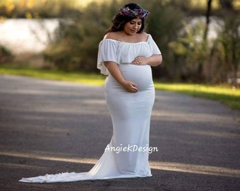 Pregnant Women Floral Off Shoulder Maternity Party Ruffle Midi Dress Photography 