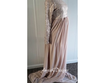 Confetti SEQUIN TOP/Lined Chiffon Modest Boatneck On Shoulders Closed Gown~Maternity Photo shoot/Baby Shower/Special Occasion Gown