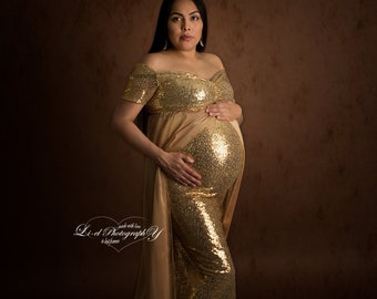 LUXURY GOLD SEQUIN Fitted mermaid/sweetheart Short Off Shoulders Sleeves/Maternity Photo Session/Babyshower GownPLUS Sizes! Customizable