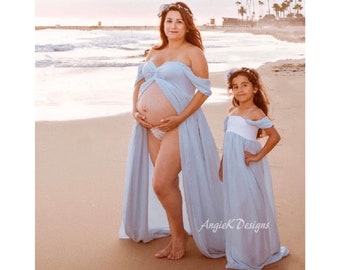 Mama & Daughter Gown Set-Drop sleeves Double Layer Flowy Light Chiffon~Maternity Photo shoot/Baby Shower Gown