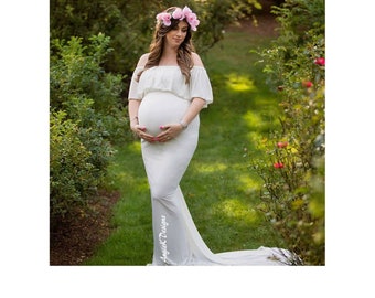 RUFFLE Top Off Shoulder Mermaid Closed Maternity Dress Pregnancy Photo Prop Baby Shower Gown/Maternity Photo Session Gown