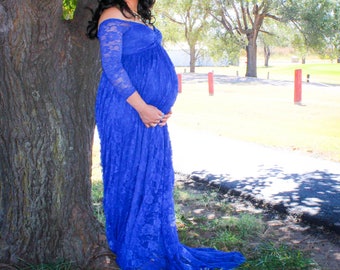 GALLIA Lined Closed Stretch Lace w Off Shoulder LONG Sleeves, Sweetheart Maternity Gown Photo Prop Dress /Baby Shower Gown/Sm-Plus