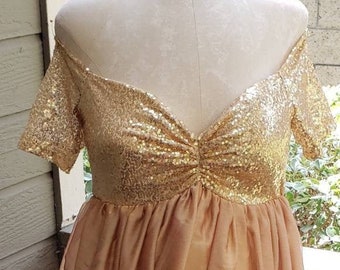 SEQUIN TOP On/Off Shoulders/Modest Lined Closed GoldShimmer Gown~Maternity Photoshoot/Baby Shower Gown/PLUS sizes