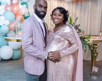 Queen Mom-ROSEGOLD SEQUINwcape-Lined/Long Sleeves On the Shoulders Maternity Gown/BabyShower/Maternity Photo Session/Sm-PLUS Sizes!
