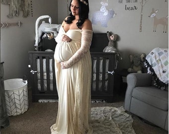 BABYSHOWER Lace Maternity Off Shoulder Gown w Long LaceTrain/CUSTOMIZABLE/MadeToOrder/Soft Knit Jersey Maternity Shoot Dress/PLUS sizes