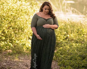 green emerald velvet dress Green Chiffon Long Sleeve Pleated Plus Maternity Maxi Dress – PinkBlush main image 1