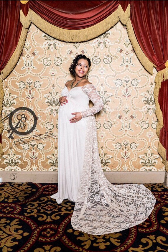 ELEGANT Lace Long/Short Sleeves Off Shoulder w Long Lace Chiffon Train/Soft Knit Jersey Maternity Shoot Dress/Baby Shower Gown/PLUS sizes ELEGANT Lace Long/Short Sleeves Off Shoulder w Long Lace Chiffon Train/Soft Knit Jersey Maternity Shoot Dress/Baby Shower Gown/PLUS sizes