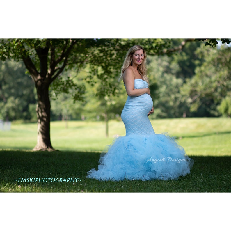 BlueTULLE DRESS Stripe Flowy TutuNon Sheer Maternity Pregnancy Belly SessionSpecial OcassionPhoto Prop Baby Shower