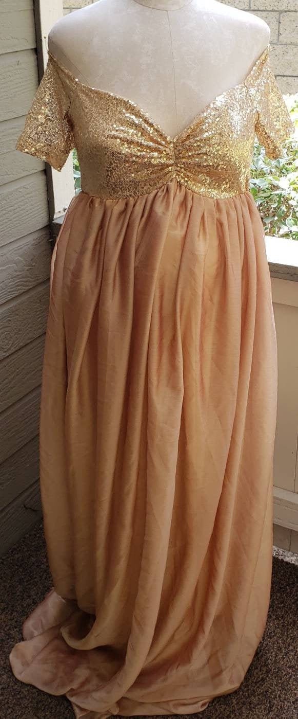 SEQUIN TOP On/Off Shoulders/Modest Lined Closed GoldShimmer Gown~Maternity Photoshoot/Baby Shower Gown/PLUS sizes SEQUIN TOP On/Off Shoulders/Modest Lined Closed GoldShimmer Gown~Maternity Photoshoot/Baby Shower Gown/PLUS sizes