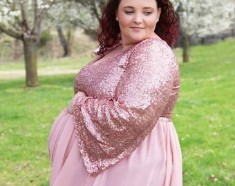 Long Bell Sleeves SEQUIN TOP Chiffon Bottom On Shoulders Modest Lined Closed Gown~Maternity Photo shoot/Baby Shower Gown/PLUS sizes