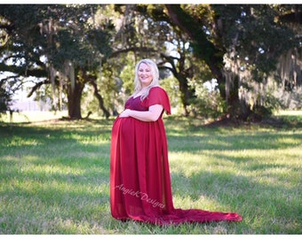 Burgundy  Chiffon Off Shoulder Drop Sleeves / Lined Closed or Open Maternity Shoot Dress/Baby Shower Gown/Sm-PLUS sizes