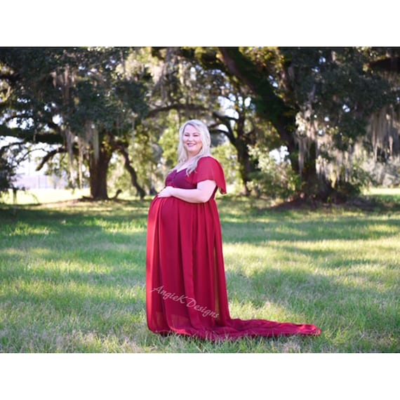 Burgundy Chiffon Off Shoulder Drop Sleeves / Lined Closed or Open Maternity Shoot Dress/Baby Shower Gown/Sm-PLUS sizes