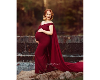 BURGUNDY CAPE Maternity sleevless Bell Gown~Maternity Photoshoot/Baby Shower Gown/PLUS sizes