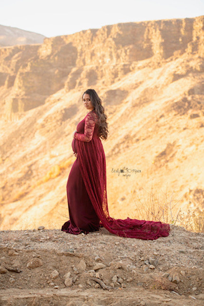 ELEGANT Modest On the Shoulders Gown w Long Lace Chiffon TrainSoft Knit Jersey Maternity Shoot DressBaby Shower GownAll sizes
