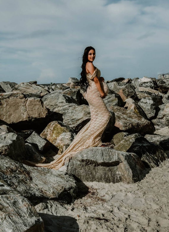SHEER MERMAID Drop Sleeves Sleek Fitted Lace Dress/Gown for Maternity Baby  Shower Pregnancy Special Occasion Beach Photo Shoot Prop