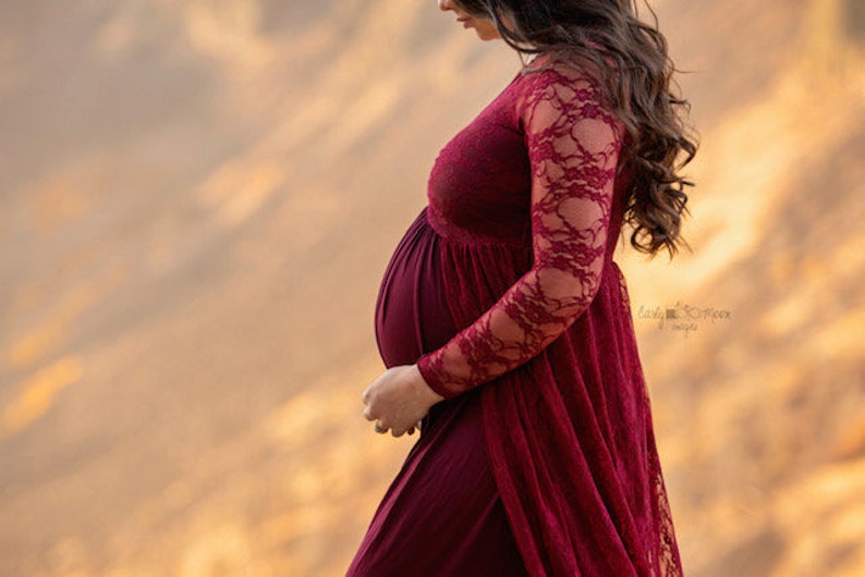 ELEGANT Modest On the Shoulders Gown w Long Lace Chiffon TrainSoft Knit Jersey Maternity Shoot DressBaby Shower GownAll sizes