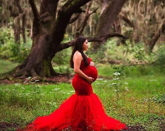 Red TULLE DRESS Stripe Flowy Tutu/Lace Closed/Non Sheer/ Maternity Pregnancy Belly Session/Special Ocassion/Photo Prop Baby Shower