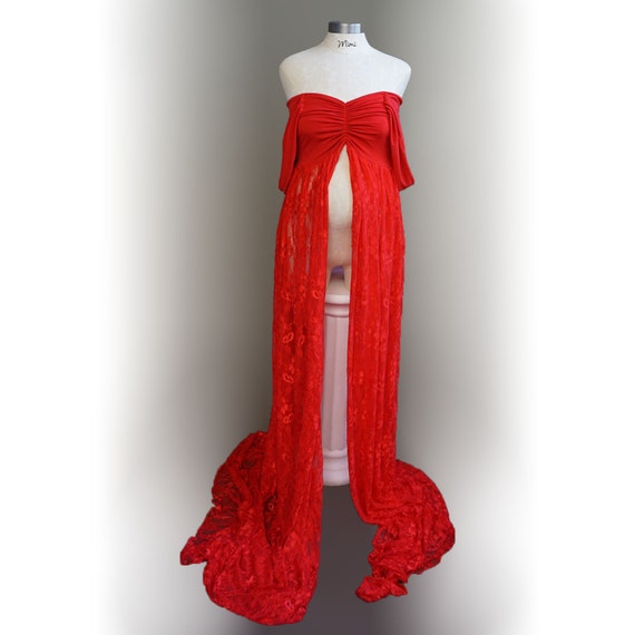 red off the shoulder maternity dress