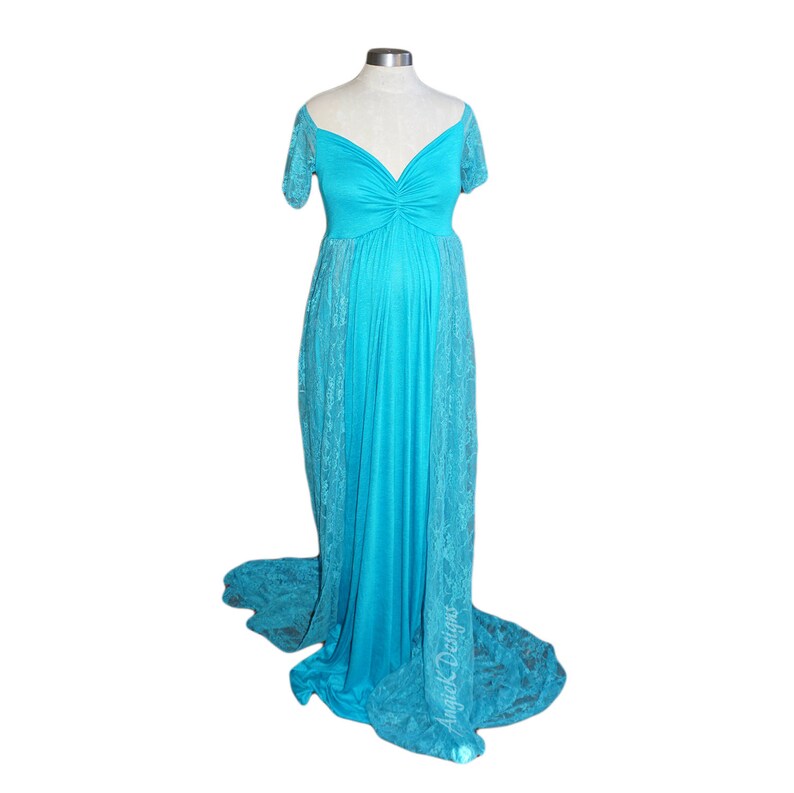 Turquoise Blue Lace Short Sleeves Off Shoulder Gown w Long TrainSoft Knit Jersey Maternity Shoot DressBaby Shower GownPLUS sizes